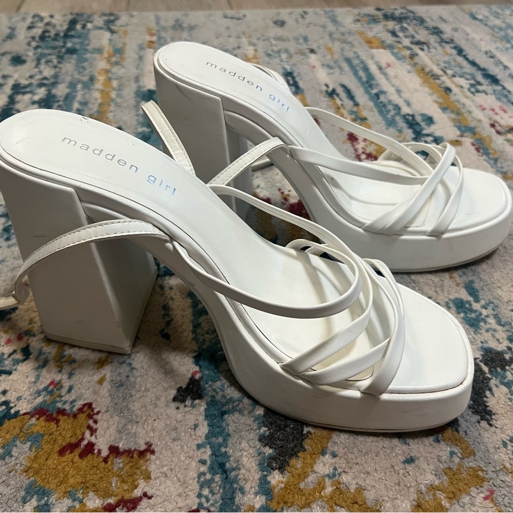 Madden Girl White Strappy Block Platform Heels